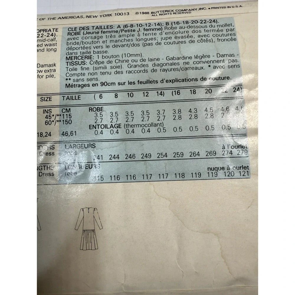 VTG Butterick 3075 Dress Sewing Pattern Sz 6-14 Drop Waist Puff Sleeve 80s Cut